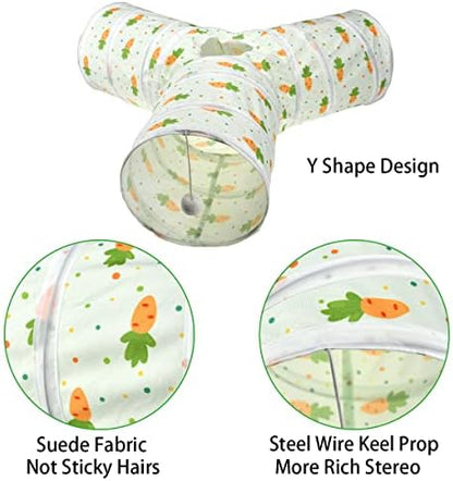 Bunny Rabbit Tunnels Rabbit Cat 3 Way Collapsible Tunnel with Cute Carrot Patterns Small Pet Hideout Activity Tunnel Tube Toy for Bunny Kitten Cat Dwarf Guinea Pig Y Shape - Image 3