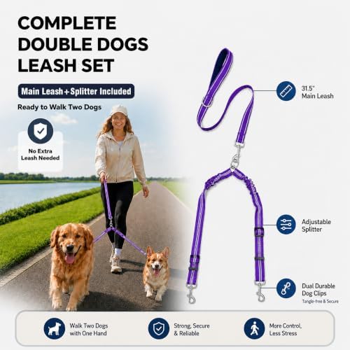 Double Dog Leash Padded Handle 360°Swivel No Tangle Dual Leash for Two Dogs - Image 2