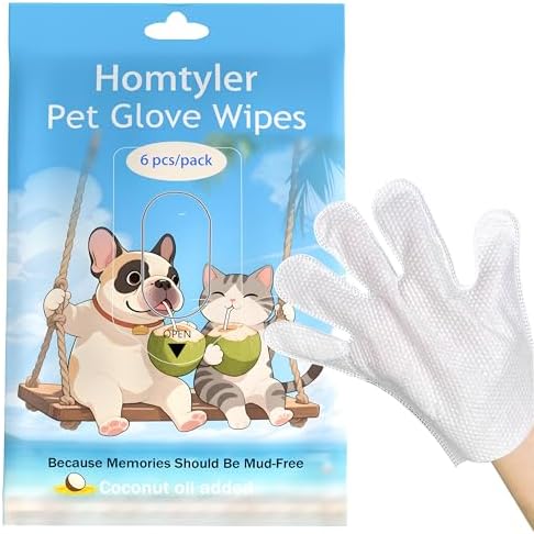 Homtyler Dog Wipes & Cleaning Gloves 2-in-1 for Dogs and Cats, Extra-Thick Pet Wipes with Coconut Oil for Lick-Safe Paws, Eyes, Ears & Body, Rinse-Free Waterless Bath for Deodorizing&Cleansing, 6 PCS by Homtyler