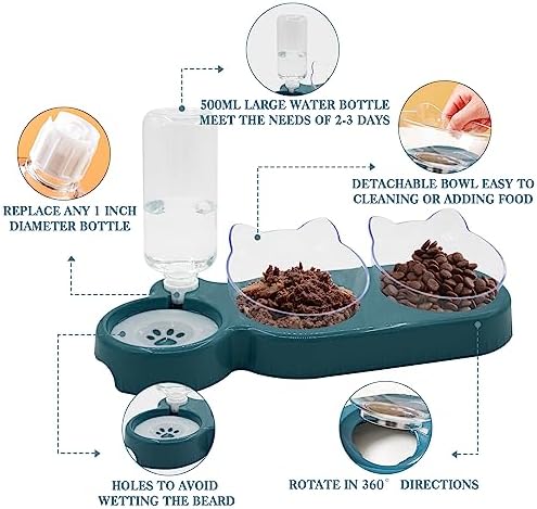 Triple Dog Cat Bowls, 15 Tilt 3-in-1 Water Feeder Bowls with Automatic Water Bottle Bowl, Removable Cat Wet and Dry Food Bowl Set for Small Cat and Puppy (Navy Blue) - Image 3