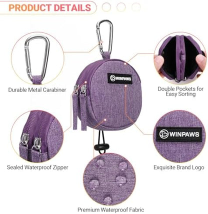 Dog Poop Bag Holder for Leashes- Dog Treat Pouch with Waterproof Zipper,Puppy Training Small Bag with Carabiner & Bungee Toggle,Two Pockets for Dry or Wet Treats-Pet Travel Walking Essentials (Purple) - Image 3