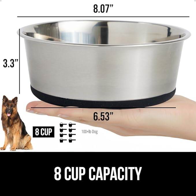 GORILLA GRIP Dog Bowl, Holds 8 Cups (64 fl oz), Food Grade 304 Stainless Steel Food and Water Bowl for Feeding Dogs and Cats, BPA Free Rubber Base, Easy Clean, Dishwasher Safe, Rust Resistant, Black