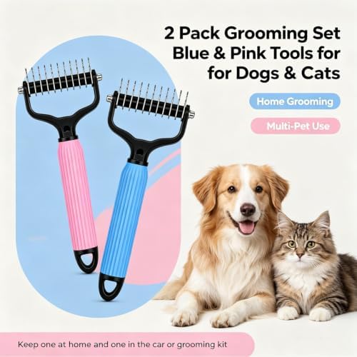2 Pack Dog & Cat Brush for Shedding, 2-in-1 Undercoat Rake & Dematting Comb - Image 2