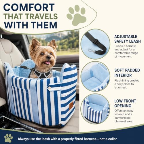 Console Dog Car Seat for Small Dogs to 15lbs (Blue& White Stripes) - Image 5