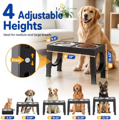 XIAZ Elevated Dog Bowls Large Breed Raised Dogs Bowl Stand Large/Medium Sized Dog Stainless Steel Food Water Bowl Stands 5 Heights Adjustable 9/11/12/14in Black Pet Feeder Dish Station - Image 2