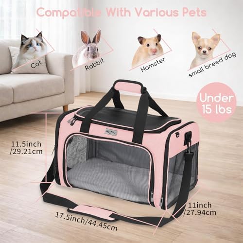 Pet Carrier for Cats & Small Dogs, Travel Carrier with Anti-Collapse Support, Chew Resistant Buckles, Luggage Sleeve, Multi-Pocket Storage, Reversible Mat & Bowl (Pink, Medium (17.5"x11"x11.5")) - Image 3