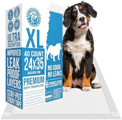 Bulldogology Pee Pads for Dogs XL with Adhesive Sticky Tape (24x35) Dog Puppy Pads Extra Large, Disposable Puppy Pads, Dog Training Wee Pads 6 Layers with Bullsorbent Polymer Tech (40-Count, White) by BulldogologyPetSolutions
