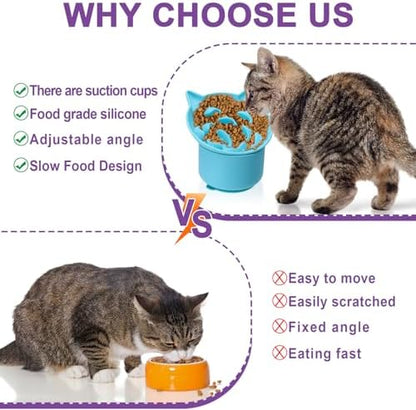 Silicone Cat Slow Feeder, Elevated Slow Feeder Bowl Tilt Design, Suitable for Dry and Wet Food, Adjustable Angle, Cat Food Puzzle with Suction Cup(Blue) - Image 6