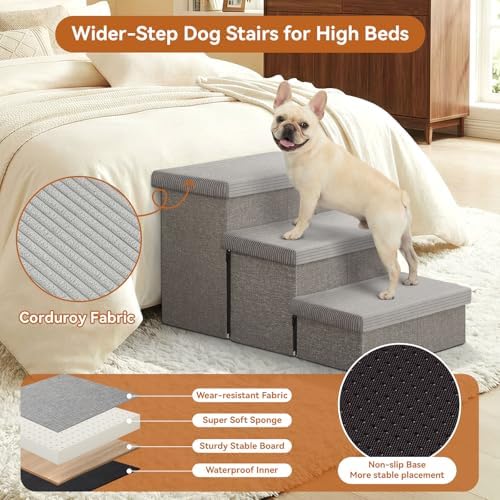 Zerbuger Dog Stairs with Storage, Grey Stripes Lids 3 Steps Ramp no Condo - Image 2