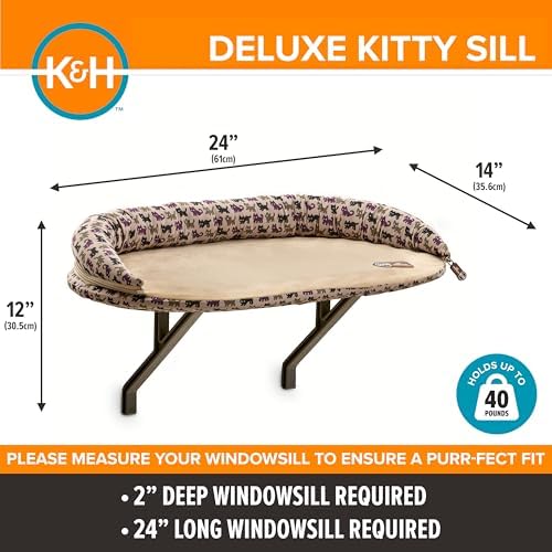 K&H Cat Window Perch, Deluxe Bolster Kitty Sill, 24x14in, Tan/Kitty Print - Image 3