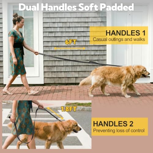 Double Handle Dog Leash 6FTX1IN, Heavy Duty Leash with Reflective, Black - Image 2