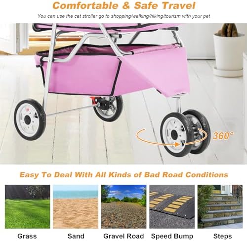 BestPet 3 Wheels Pet Dog Stroller Cat Cage Jogger Stroller Cats Travel Folding Carrier Waterproof with Cup Holder & Removable Liner,Pink - Image 4