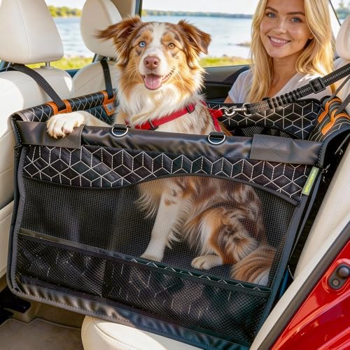 Dog Car Seat for Large Medium Dogs, Back Seat Extender for Pets with Hard Bottom, Waterproof Dog Seat Cover with 3 Mesh Windows, Removable Fleece Mat for Cars SUVs Trucks by RUROKTHAM