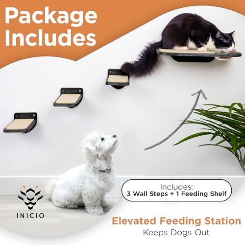 INICIO Cat Shelves - Feeding Shelf with 3 Cat Wall Steps - Natural Wood - Image 2