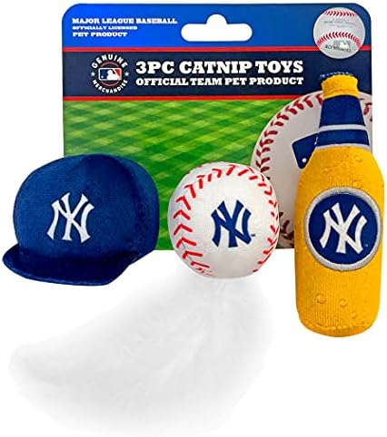 BEST PLUSH CAT TOY - MLB NEW YORK YANKEES Complete Set of 3 piece Cat Toys filled with Fresh Catnip. Incl: 1 Baseball Cap Cat Toy, 1 Baseball Cat Toy with Feathers & 1 Beer Bottle. Beautiful Team LOGO by PETSFIRST