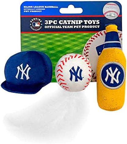 BEST PLUSH CAT TOY - MLB NEW YORK YANKEES Complete Set of 3 piece Cat Toys filled with Fresh Catnip. Incl: 1 Baseball Cap Cat Toy, 1 Baseball Cat Toy with Feathers & 1 Beer Bottle. Beautiful Team LOGO by PETSFIRST