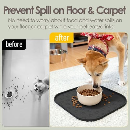 2 Pack Pet Feeding Mats, Waterproof Anti-Slip Placemats for Dog Cat Bowl Silicone Pet Food Mat, Raised Edge Prevent Spills on Floor & Carpet, Dishwasher Safe (2 Black, 11" x 11") - Image 2