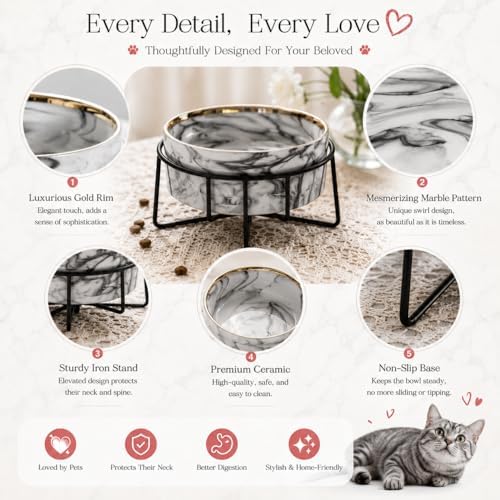 Dazzling Ceramic Elevated Cat Bowls, Gift for Cat Owner, Birthday (Medium,Grey) - Image 3