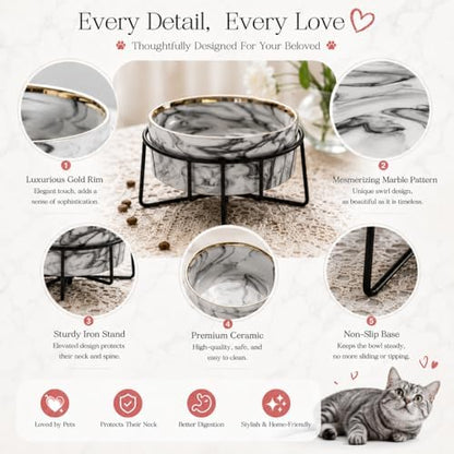 Dazzling Ceramic Elevated Cat Bowls, Raised Dog Pet Cat Food Water Bowl for Indoor (Grey, Large) - Image 3