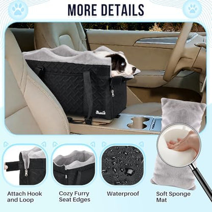 SlowTon Console Dog Car Seat - Portable Center Dog Car Seat for Small Dogs up to 9 lbs, Washable Pet Carseat with Soft Cushion Safe Protection Hooks & Storage Pocket, Black - Image 5