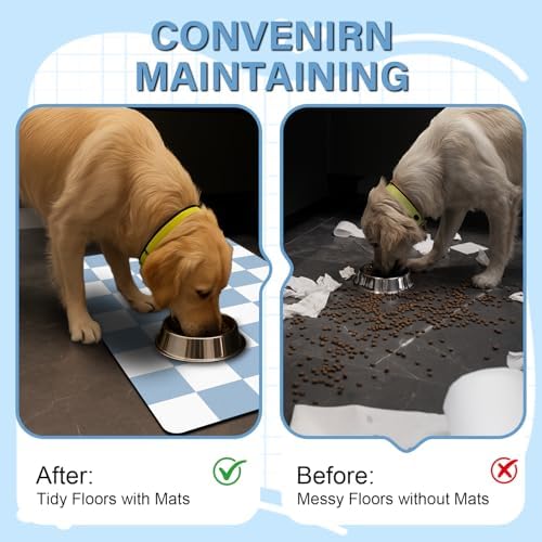 Pet Feeding Mat, 16"x 24" Absorbent Dog Food Mat, Checkered Cat Bowl Mats, Easy to Clean Pet Placemats, Quick Dry Dog Water Dispenser Mats for Messy Drinkers, Blue & White - Image 4
