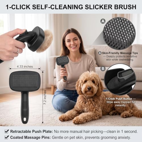 5 PCS Cat & Dog Grooming Kit Brush, Self-Cleaning Slicker Hair Brush, Nail Clipper, Undercoat Rake, Pet Bath Brush with Removable Screen,Pet Comb for Short & Long Haired Dogs Cats, Black - Image 2