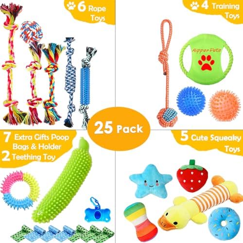 Aipper Dog Toys 25 Pack for Fun and Teeth Cleaning, Puppy Chew Toys Pack with Squeak Plush Toy,Squeaky Toy Balls,Tug of War and Rope Toys for Puppy to Small Dogs - Image 2