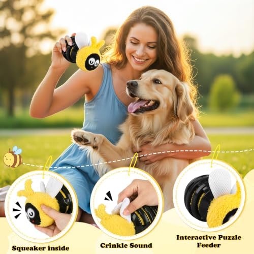 4 Pack Dog Squeaky Toys, Bee Interactive Toys Set, Natural Rope Tug Toy, Crinkle Flying Disc, Tennis Ball ，Puzzle Feeder, Safe Durable Dog Toys for Small Medium Dogs Indoor Outdoor Play - Image 3