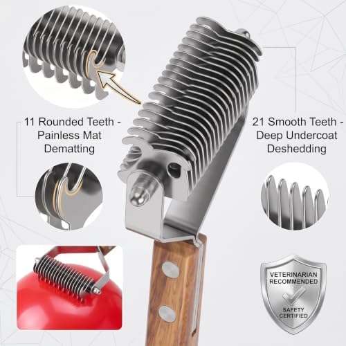 2-Sided Undercoat Rake for Dogs and Cats, Wooden Handle - Image 2