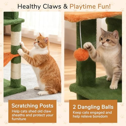 DORTALA Cat Tree for Indoor Cats, 44" Modern Cat Tower with Top Perch, Condo, Hammock, Sisal Scratching Posts, Dangling Balls, Platforms, Multi-level Pet Climbing Furniture Playground (Green & Orange) - Image 5