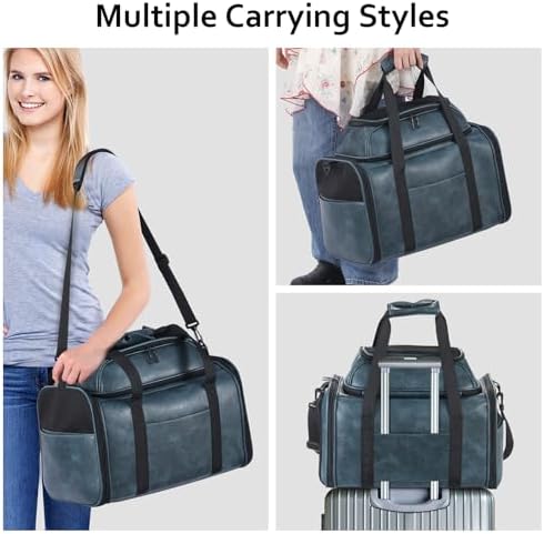 Premium Leather Top Expandable Pet Carrier for Small Dogs & Cats Under 15 lbs, Airline Approved Collapsible Soft-Sided Luxury Travel Bag Blue - Image 5