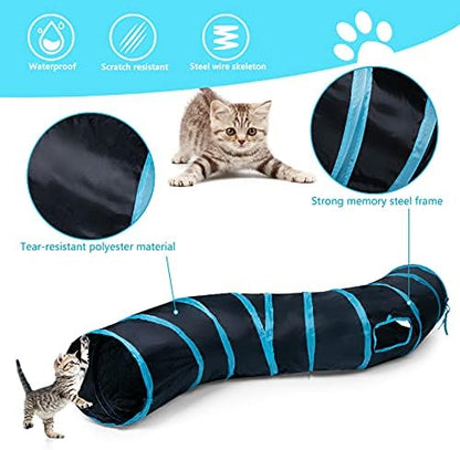 Sheldamy Cat Tunnel, S-2-Way Cat Tunnels for Indoor Cats, Collapsible Cat Play Tunnel, Interactive Toy Maze Cat House with 1 Play Ball for Cats, Puppy, Kitty, Kitten, Rabbit (Blue & Black) - Image 3