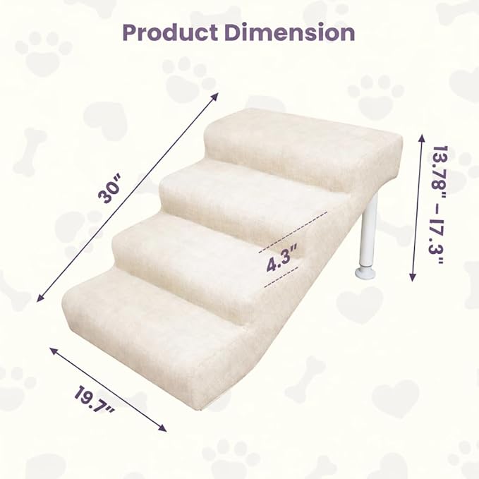 Leather Dog Stairs, 19.7" Extra Wide Dog Steps for Bed & Sofa, Adjustable Height 13.78"-17.32” Pet Ramp for Small to Large Dogs, Holds Up to 150 lbs（4-Step）