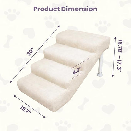 Leather Dog Stairs, 19.7" Extra Wide Dog Steps for Bed & Sofa, Adjustable Height 13.78"-17.32” Pet Ramp for Small to Large Dogs, Holds Up to 150 lbs（4-Step）