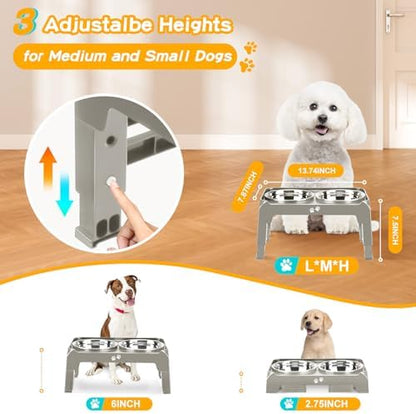 Elevated Dog Bowls for Small Dogs 3 Height Adjustable Raised Dog Bowl Stand with 25oz Stainless Steel Food Bowls Anti-Slip Small Dogs Feeder Adjusts to 7.5", 6", 2.75", Light Brownish Gray - Image 2