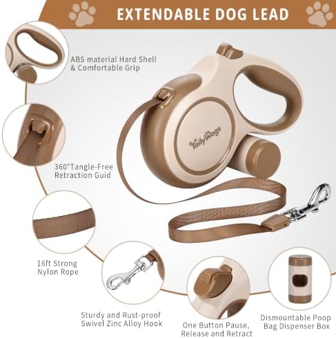 16ft Retractable Dog Leash for Medium Dogs up to 66 lbs,Khaki - Image 3