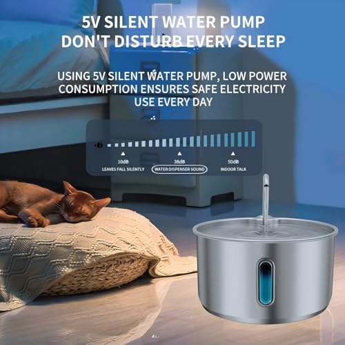 135oz/4L 304 Stainless Steel Cat Water Fountain for Cats & Dogs – LED Window with Blue/Red Alerts, Ultra-Quiet 38dB Pump, Auto Shut-Off, Night Light, Indoor Pet Water Dispenser - Image 5