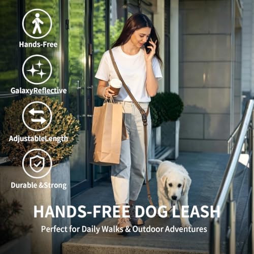 Hands Free Dog Leash by Kazazoo, Adjustable 5.5-8.5ft Waist & Crossbody Leash with Quick Off Buckle, Reflective Stitches for Walking, Jogging,Medium to Large Dogs M Size Brown - Image 2