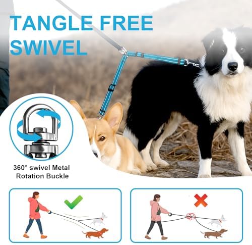MingXpet Double Dog Leash for Two Dogs, No Pull Dog Leash, 360° Swivel No Tangle for Small Dogs Walking & Training, Shock Absorbing Reflective Bungee, Blue - Image 4
