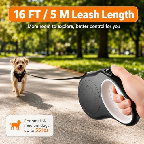 Retractable Dog Leash, 16 FT Strong Nylon Tape for Small and Medium Dogs up to 55 lbs, 360° Tangle-Free Design, One-Hand Brake & Lock with 3 Control Modes, Ergonomic Non-Slip Handle - Image 2