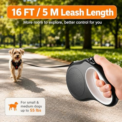Retractable Dog Leash, 16 FT Strong Nylon Tape for Small and Medium Dogs up to 55 lbs, 360° Tangle-Free Design, One-Hand Brake & Lock with 3 Control Modes, Ergonomic Non-Slip Handle - Image 2