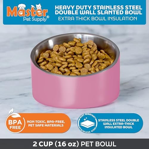 Master Pet Supply Stainless Steel Slanted Dog Cat Food Bowl 16 oz Pink - Image 3