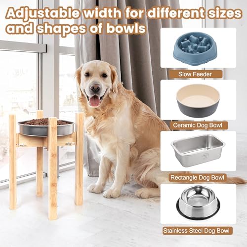 Elevated Dog Bowl Stand Adjustable Dog Food Holder 14”H Large Bamboo - Image 6