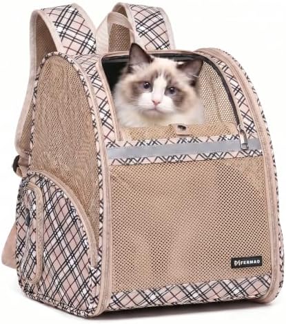 Cat Backpack Carrier for Small Dogs and Medium cat Puppy Kitten Bunny Pet Carrier Backpack Collapsible with Fully Ventilated Mesh with Safety Leash (Khaki, 12.9" L x 10.62" W x 15.5" H - M) by FERMAO