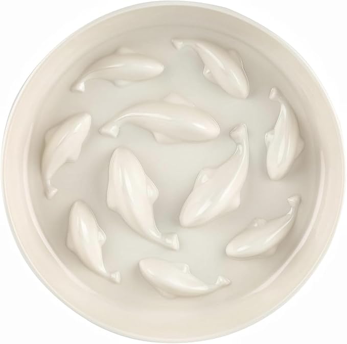 Slow Feeder Bowl for Cats and Small Dogs,Cilkus Fish Pool Design, Fun Interactive Bloat Stop Puzzle Feeder Bowl Healthy Eating Diet Made of Melamine Food Grade Material (White(Melamine))