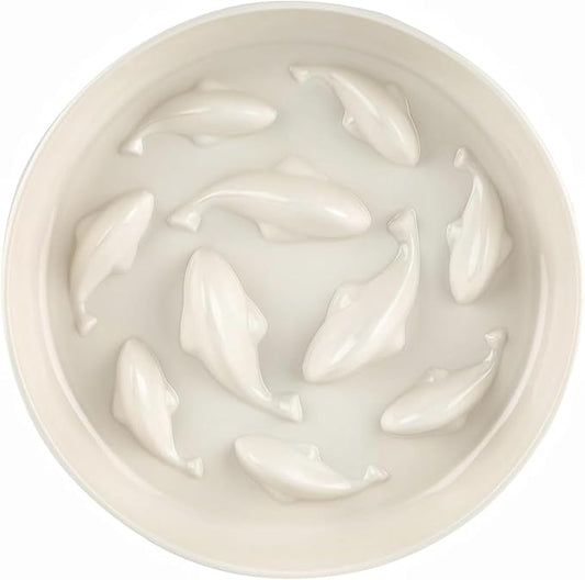 Slow Feeder Bowl for Cats and Small Dogs,Cilkus Fish Pool Design, Fun Interactive Bloat Stop Puzzle Feeder Bowl Healthy Eating Diet Made of Melamine Food Grade Material (White(Melamine))