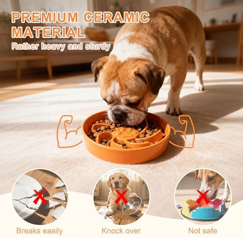 Ceramic Slow Feeder Dog Bowl, 3 Cup Dog Food or 25oz Water, Slow Eating Bowl for Middle Breed, Maze Puzzle Feeder for Fast Eaters, Anti-Choking Stop Bloat, Non-Slip BPA Free (Orange) - Image 4