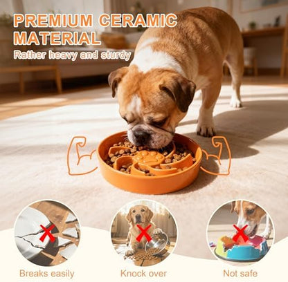 Ceramic Slow Feeder Dog Bowl, 3 Cup Dog Food or 25oz Water, Slow Eating Bowl for Middle Breed, Maze Puzzle Feeder for Fast Eaters, Anti-Choking Stop Bloat, Non-Slip BPA Free (Orange) - Image 4