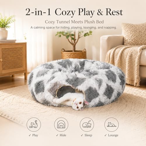 Warm Fluffy Plush Cat Tunnel Bed with Washable Cushion- Big Tube Playground Toys 3 FT Diameter Collapsible, for Indoor Cat Kitty Kitten Puppy Rabbit Ferret Gray-White Diamond Pattern - Image 2