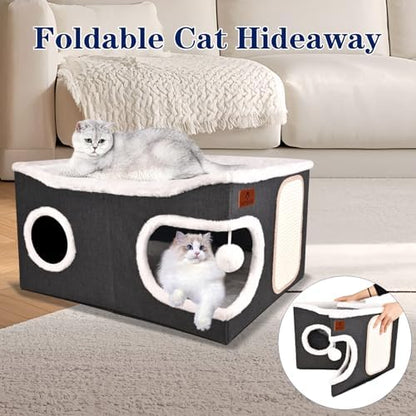 Extra Large Cat Beds for Indoor Cats, Covered Cat Cave Beds & Furniture with Scratch Pad and Fluffy Ball, Foldable Cat Condo with Reversible Cushion for Multi Small Pet Large Kittens, Dark Grey - Image 6